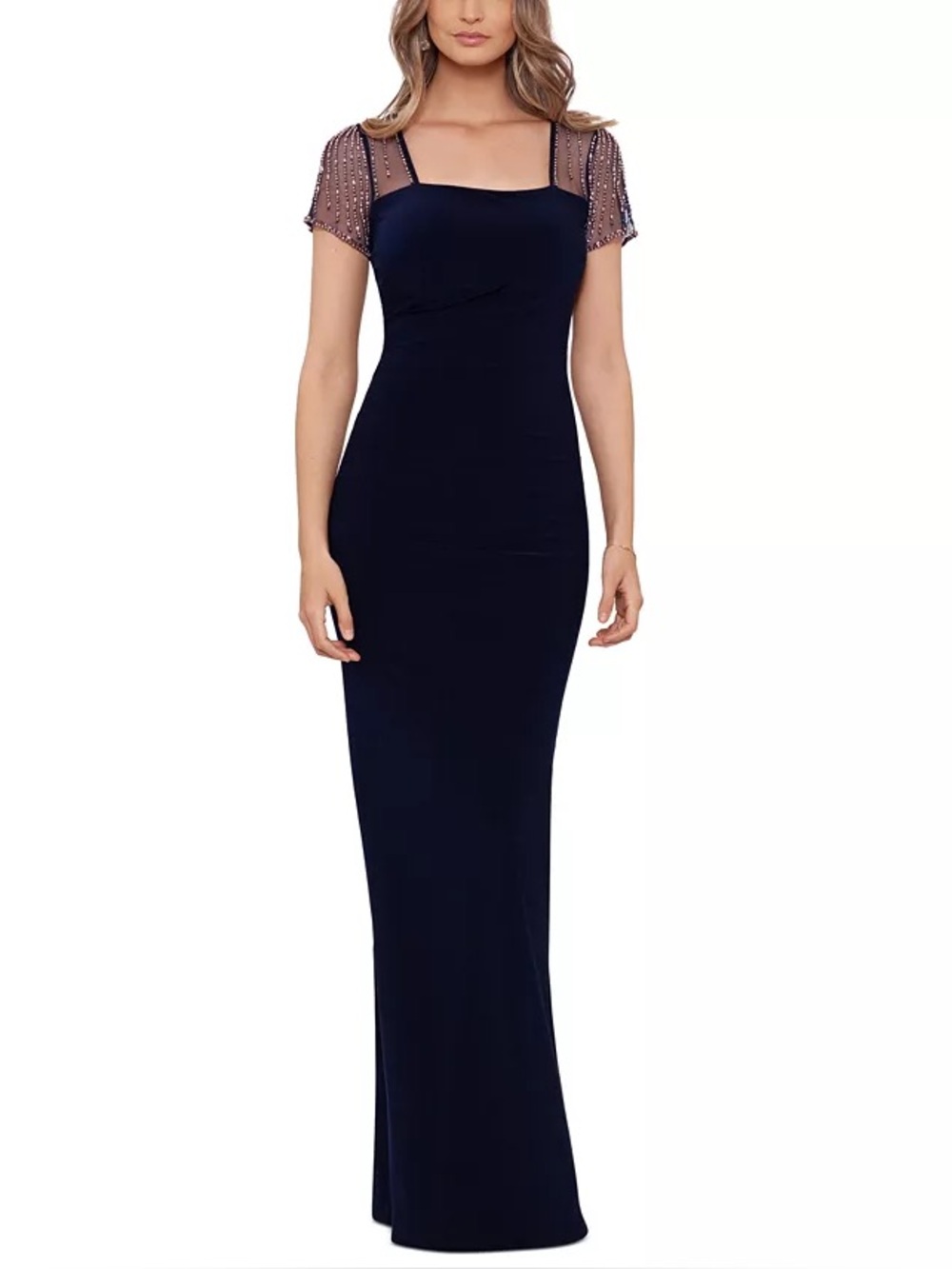 BA by Betsy And Adam Petite Short Sleeve Mesh Gown